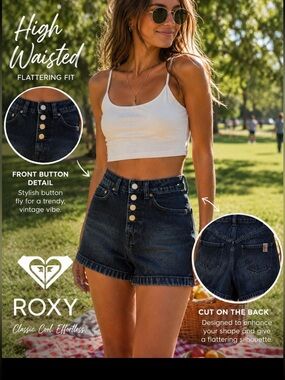 Roxy High-Waisted Dark Indigo Button-Fly Denim Shorts